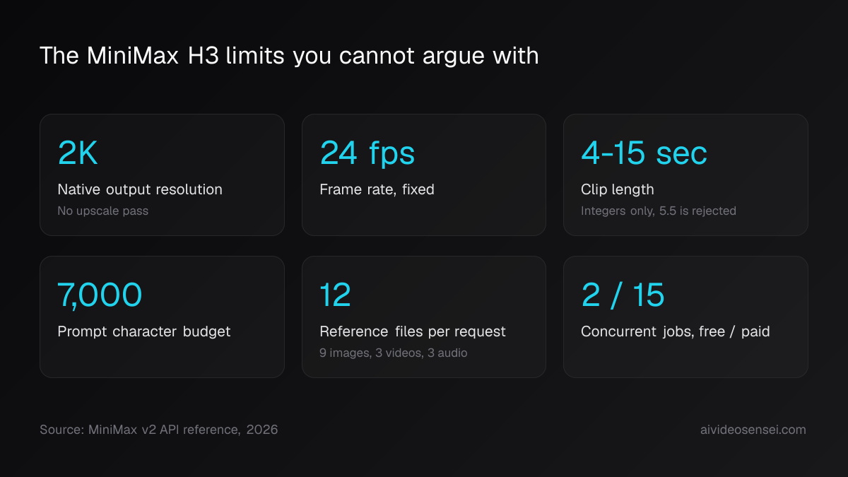 Six number cards for MiniMax H3: 2K native resolution, 24 fps, 4-15 second clips, 7,000-character prompt budget, 12 reference files, 2 or 15 concurrent jobs