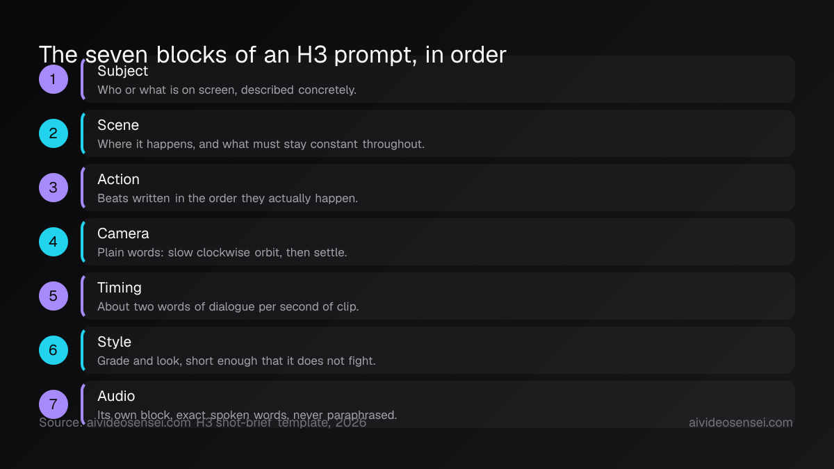 Seven numbered blocks in prompt order: subject, scene, action, camera, timing, style and audio, each with a one-line rule for what belongs inside it