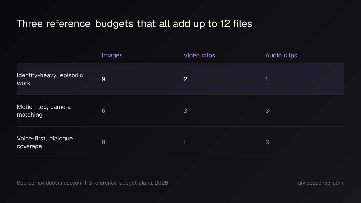 Table of three reference budgets across image, video and audio columns, with the highlighted 9-2-1 identity row above 6-3-3 motion-led and 8-1-3 voice-first