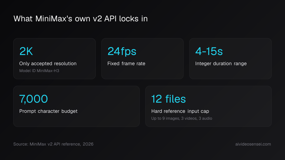 Five number cards reading 2K resolution, 24fps, 4-15s durations, a 7,000 character prompt budget and a 12-file reference input cap.