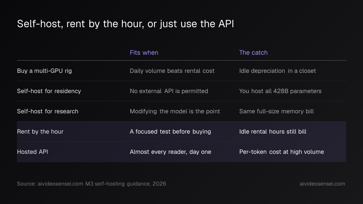 Table of five paths, from buying a multi-GPU rig to using the hosted API, each with the condition that justifies it and the cost it carries.