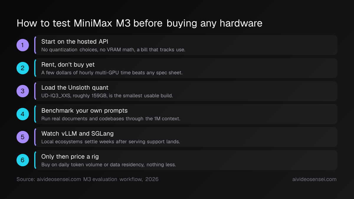 Six numbered steps: start on the hosted API, rent a multi-GPU box, load the Unsloth quant, benchmark real prompts, watch vLLM and SGLang, then price a rig.
