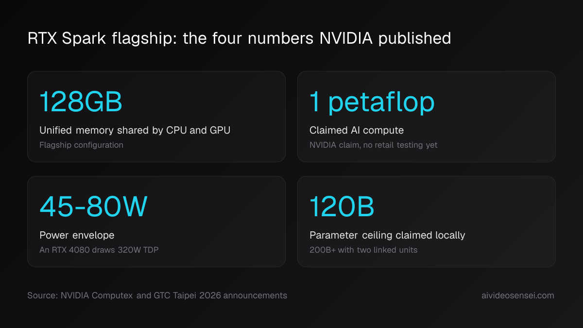 Four stat cards reading 128GB unified memory, 1 petaflop of AI compute, a 45-80 watt power envelope, and a 120B parameter ceiling.