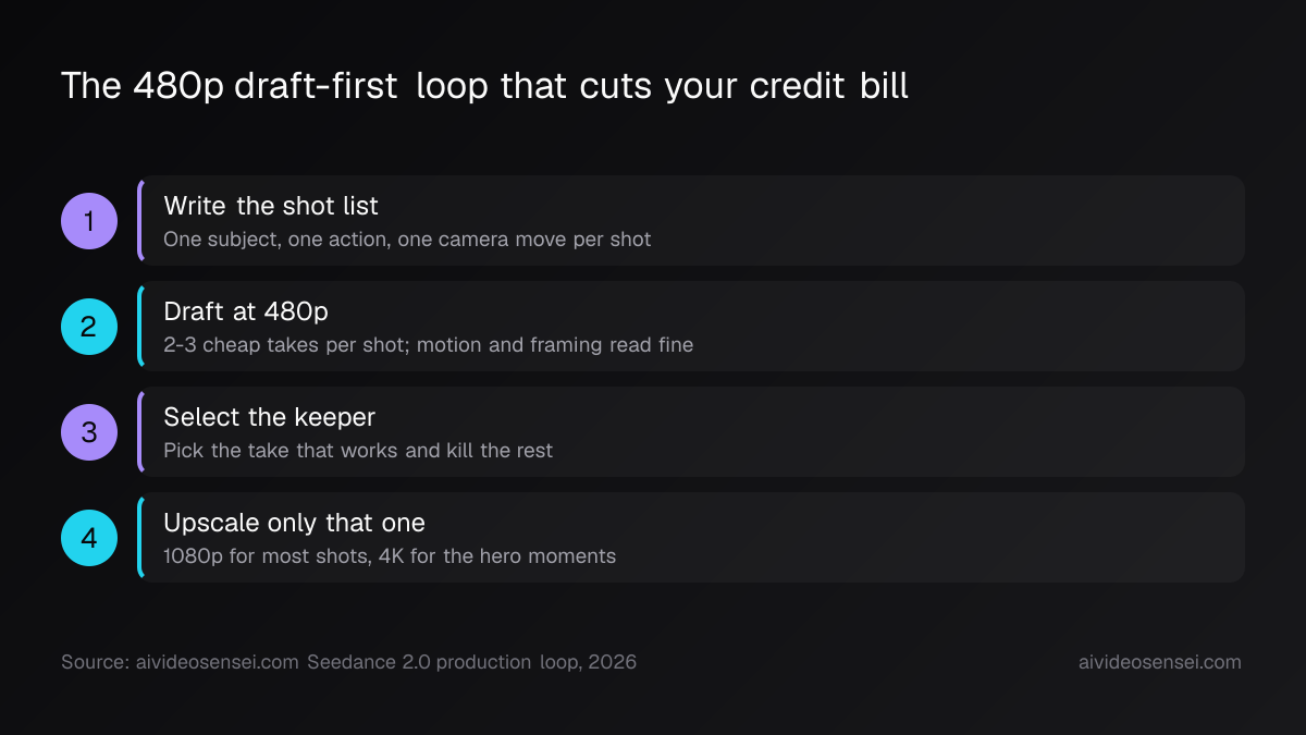 Four-step numbered flow: write the shot list, draft every shot at 480p, select the keeper, then upscale only that take to 1080p or 4K.
