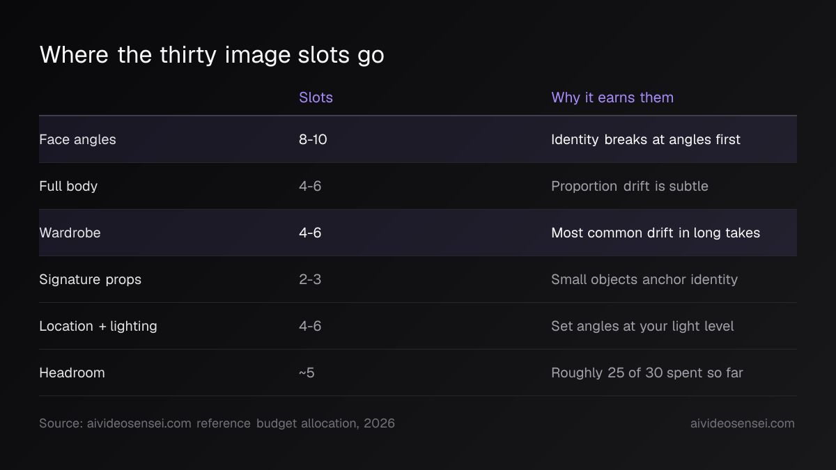 Table of image-slot allocations: face 8-10, full body 4-6, wardrobe 4-6, signature props 2-3, location and lighting 4-6, leaving about five slots spare.