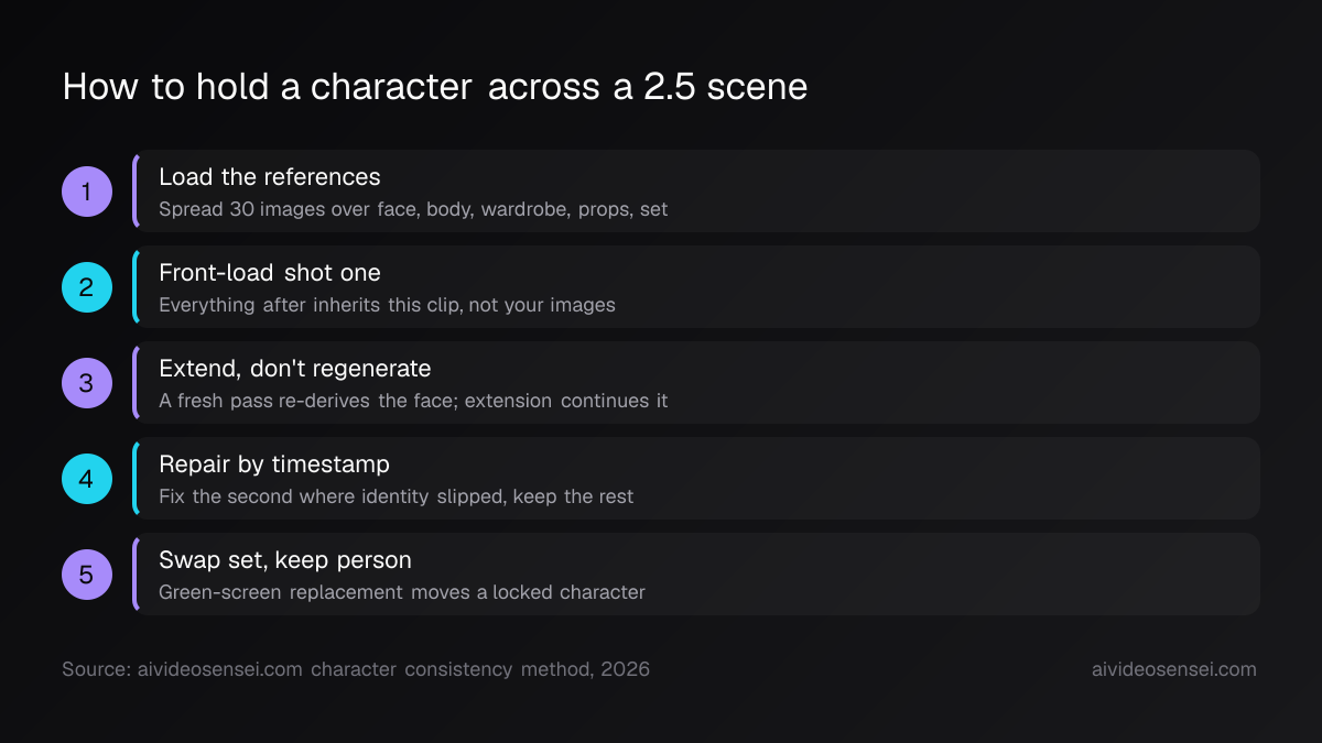 Five numbered steps: load references, front-load shot one, extend instead of regenerating, repair by timestamp, then swap the set by green screen.