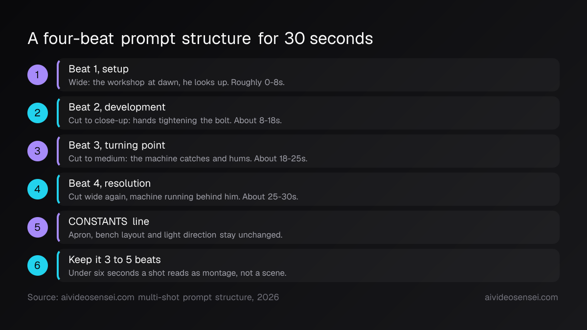 Numbered flow of six steps: four beats from setup to resolution with rough timings, then a CONSTANTS line and a three-to-five beat rule.