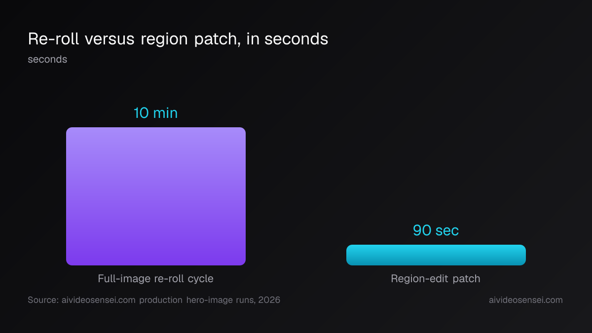 Two bars measured in seconds, a full-image re-roll at 600 seconds towering over a region-edit patch at 90 seconds