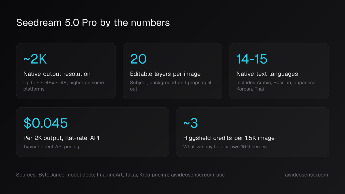 Five number cards reading about 2K resolution, 20 editable layers, 14 to 15 text languages, $0.045 per 2K API output and 3 Higgsfield credits