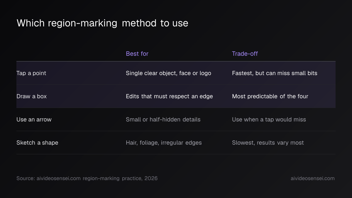 Table of four region-marking methods with a best-for column and a trade-off column, the point and box rows highlighted