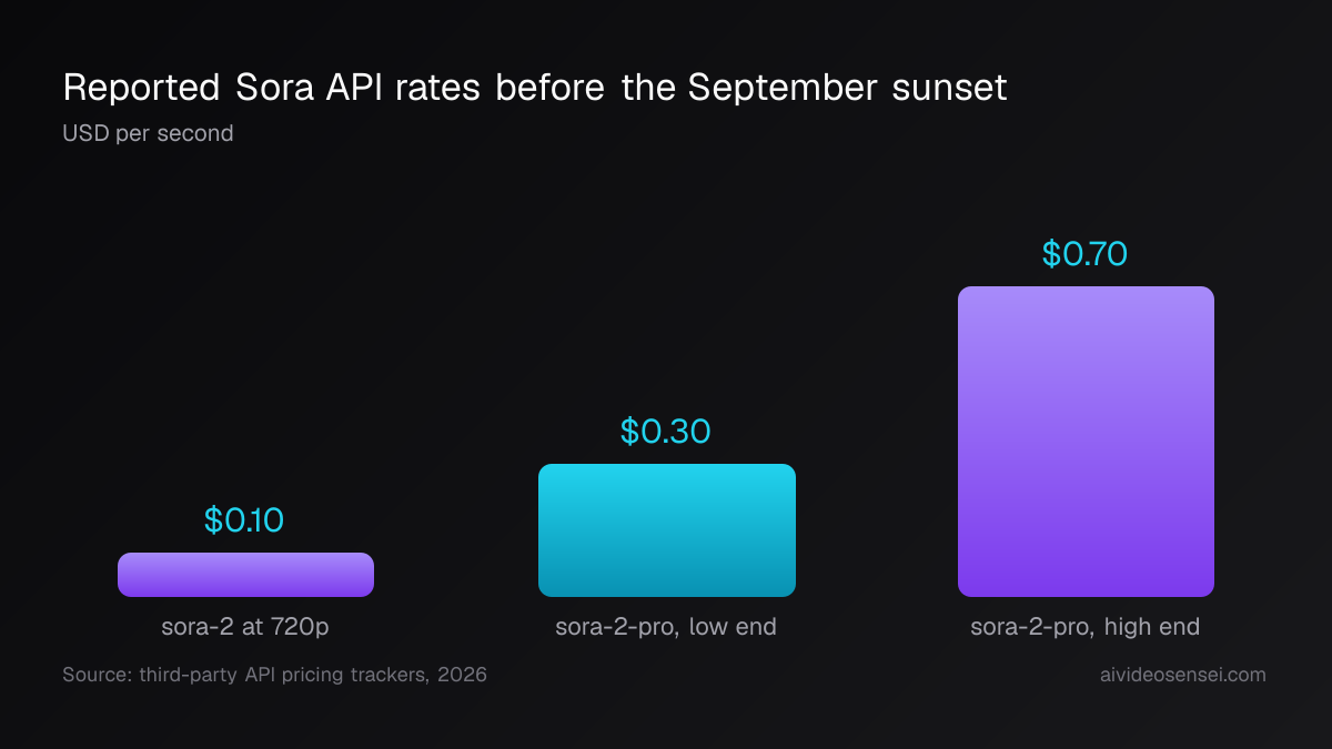 Three vertical bars in US dollars per second: sora-2 at 720p $0.10, sora-2-pro low end $0.30, sora-2-pro high end $0.70
