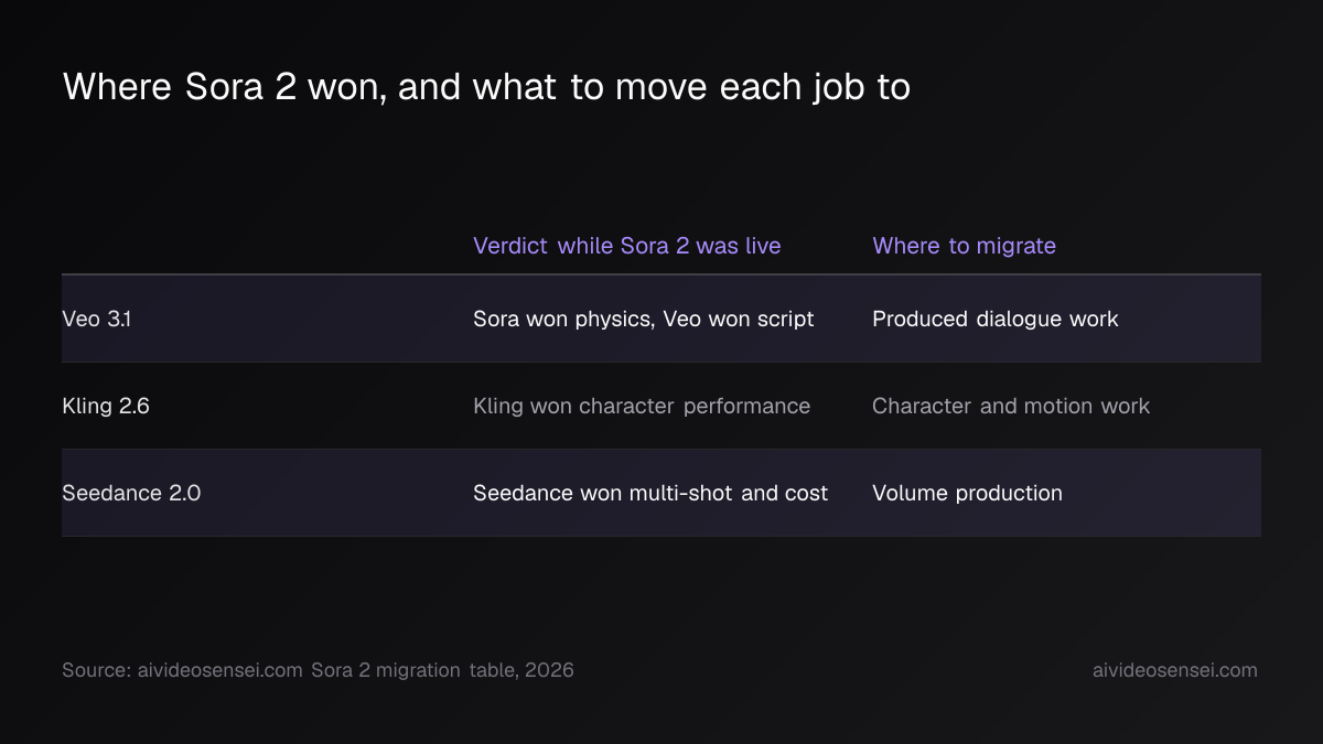 Three-row table listing Veo 3.1, Kling 2.6 and Seedance 2.0 with a verdict column and a migration column, Veo and Seedance rows highlighted