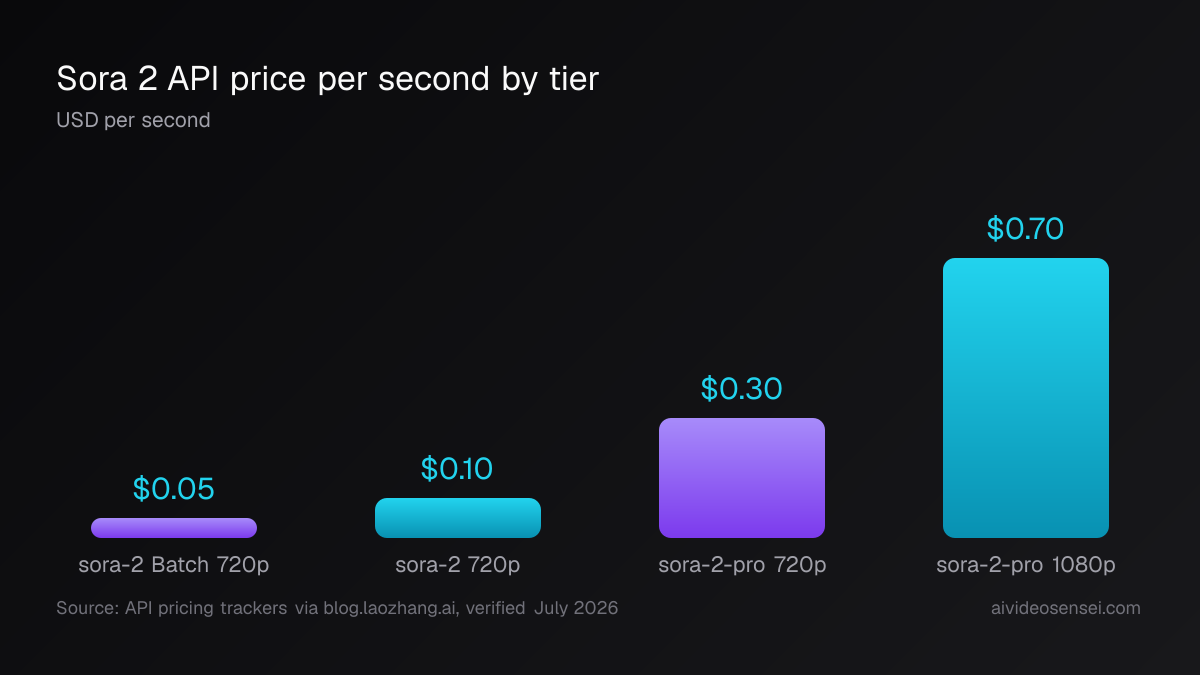 Four vertical bars of price per second: sora-2 Batch 720p at $0.05, sora-2 720p at $0.10, sora-2-pro 720p at $0.30, sora-2-pro 1080p at $0.70.
