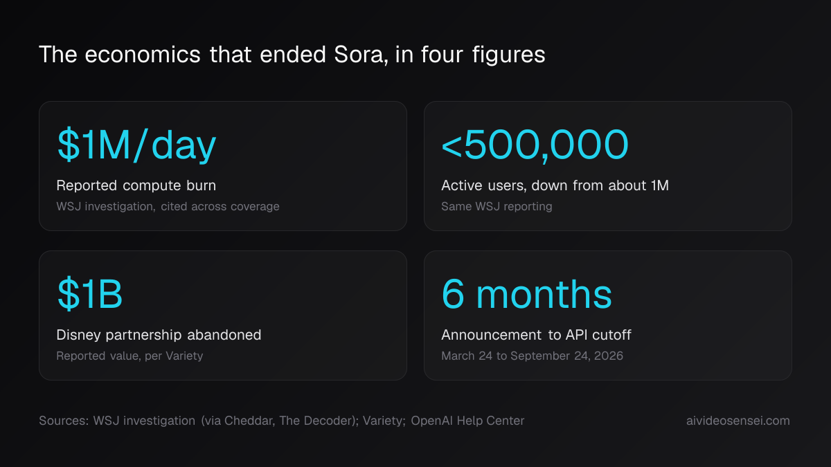 Four number cards reading one million dollars a day in burn, under 500,000 active users, a one billion dollar Disney deal, and a six-month window