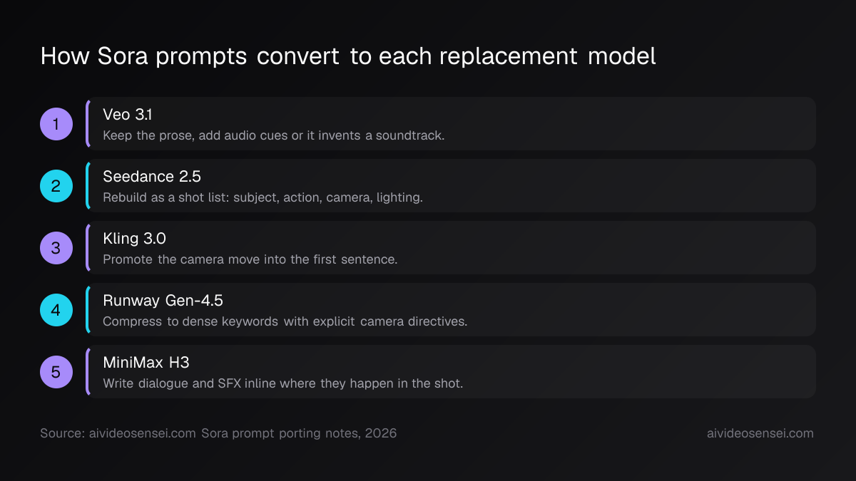 Five numbered conversion notes, one per model, from Veo 3.1 keeping the prose to MiniMax H3 needing dialogue written inline