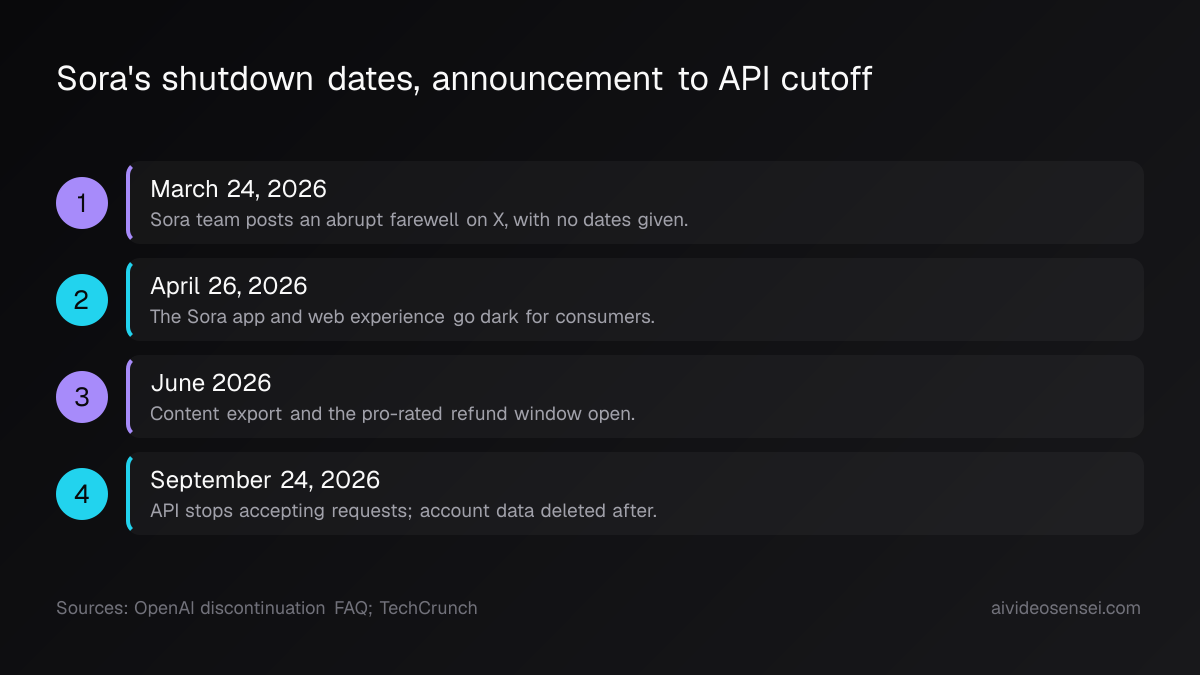 Four dated steps running from the March 24 farewell post, through the April 26 app shutdown and the June refund window, to the September 24 API cutoff