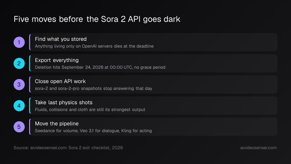 Five numbered steps in sequence: find what you stored, export everything, close open API work, take last physics shots, then move the pipeline.