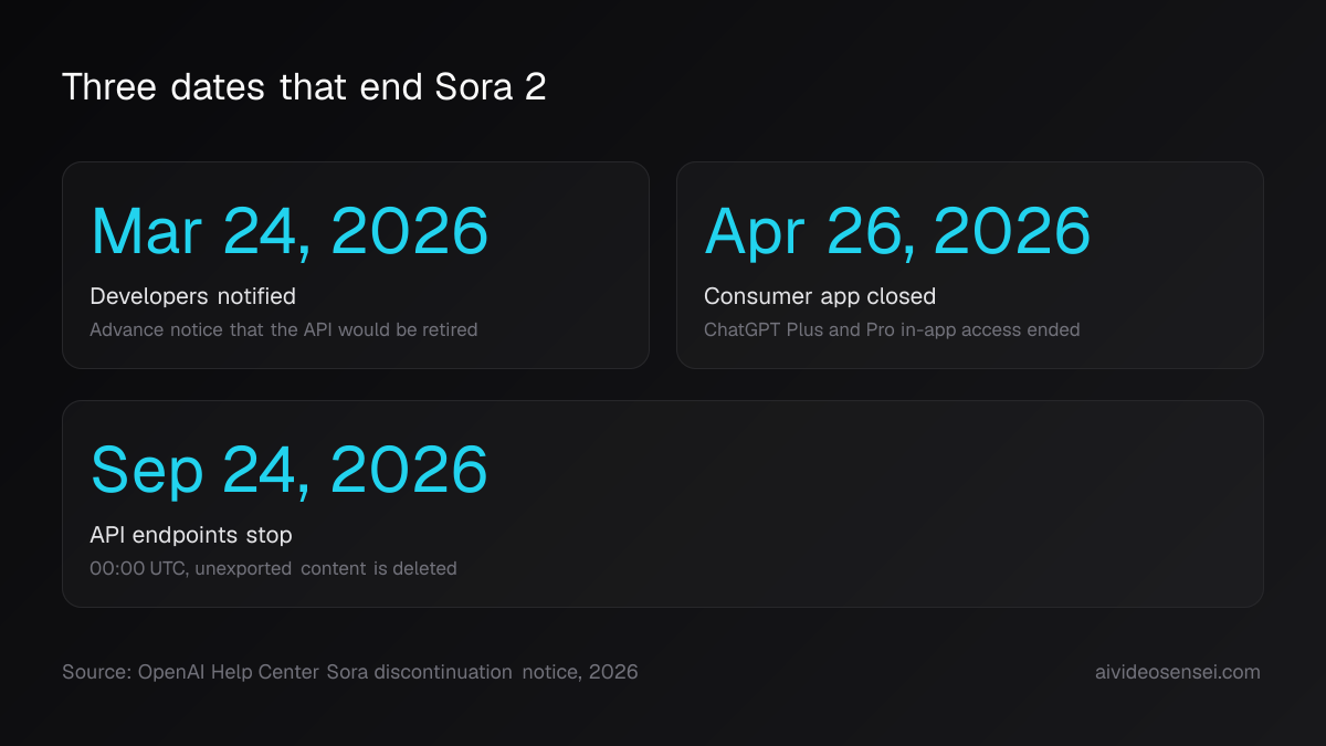 Three large date cards reading March 24 2026 developers notified, April 26 2026 consumer app closed, and September 24 2026 API endpoints stop.