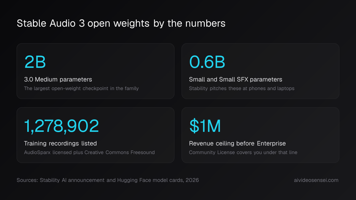 Four big-number cards reading 2B, 0.6B, 1,278,902 and $1M, labelled Medium parameters, Small parameters, training recordings and revenue ceiling.