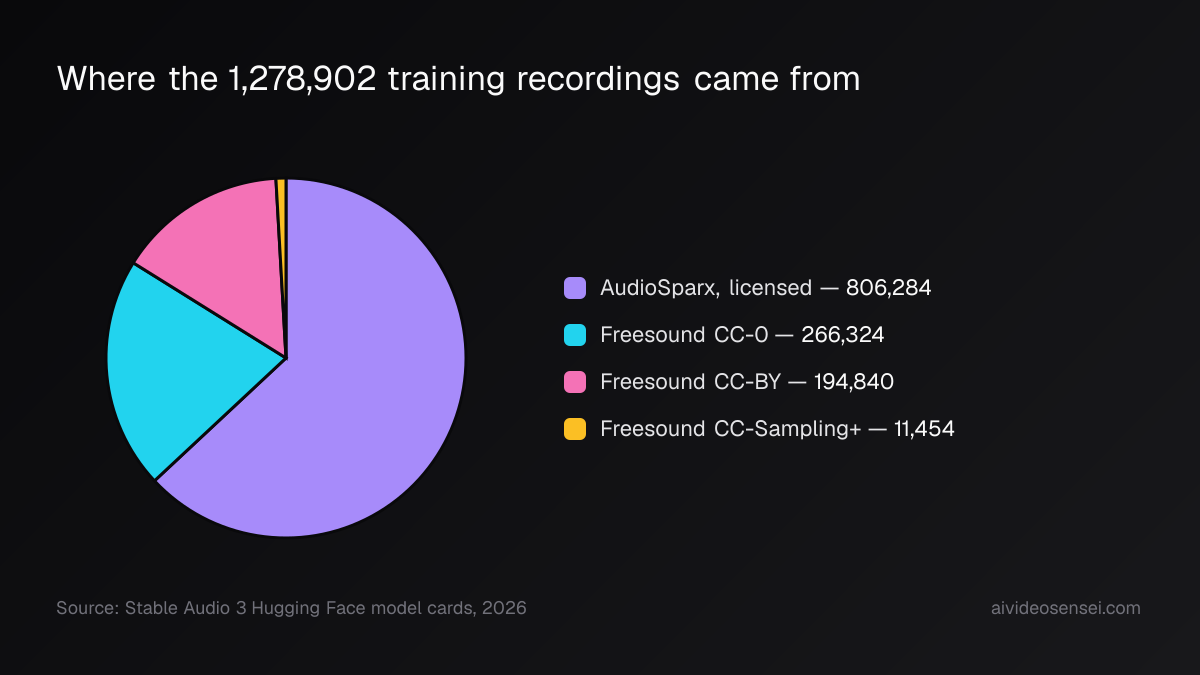 Pie chart of 1,278,902 training recordings: 806,284 licensed AudioSparx clips plus Freesound slices of 266,324 CC-0, 194,840 CC-BY and 11,454 CC-Sampling+.