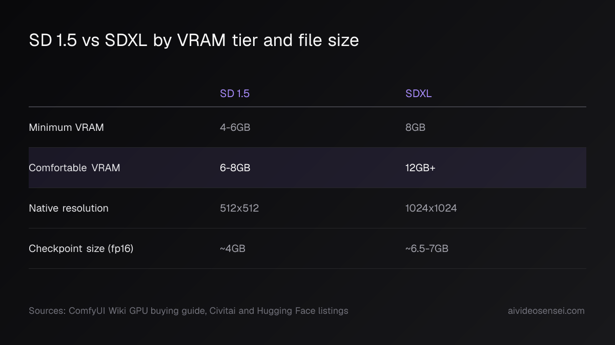 Table comparing SD 1.5 and SDXL on minimum VRAM (4-6GB vs 8GB), comfortable VRAM (6-8GB vs 12GB+), native resolution and checkpoint size.