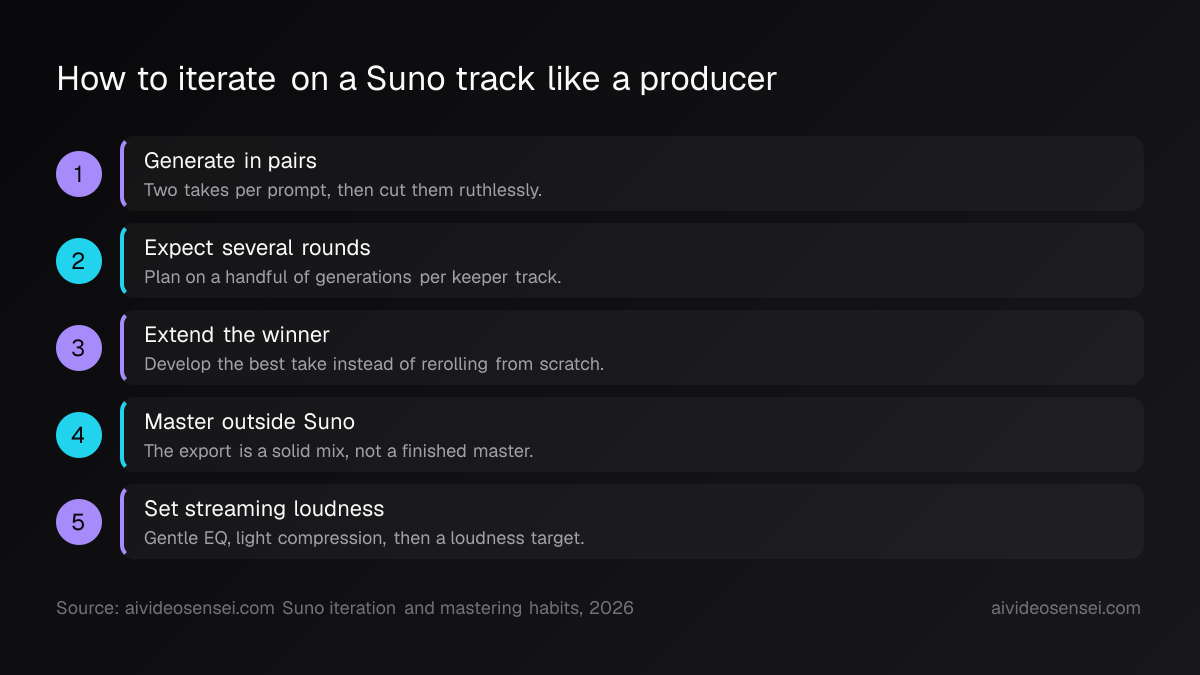 Five numbered workflow steps running from generating takes in pairs, through extending the winning take, to a mastering pass outside Suno.