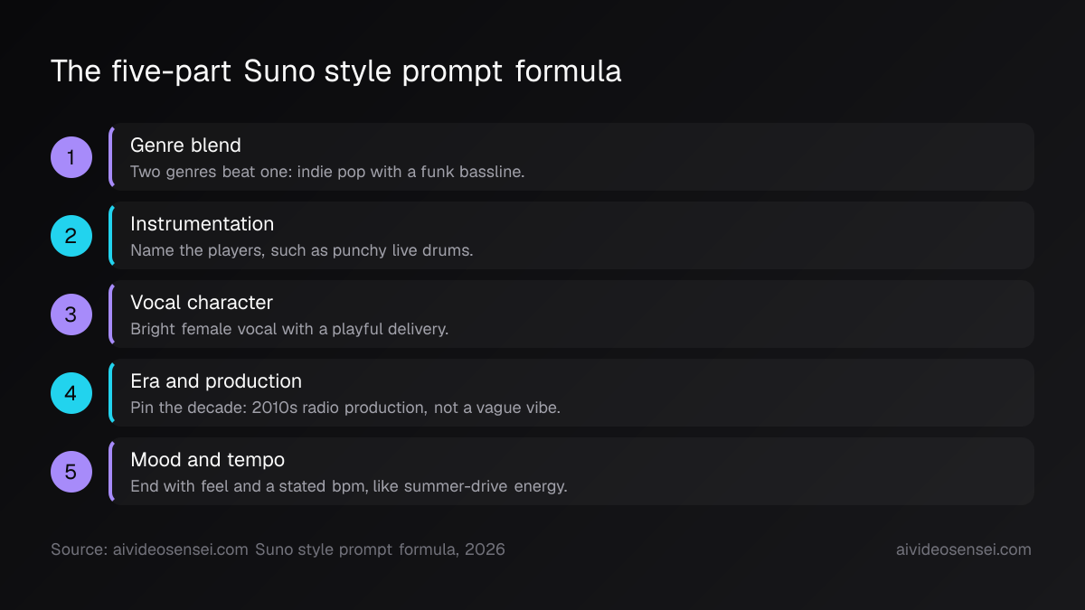 Five numbered steps labelled Genre blend, Instrumentation, Vocal character, Era and production, and Mood and tempo, each with a one-line example.