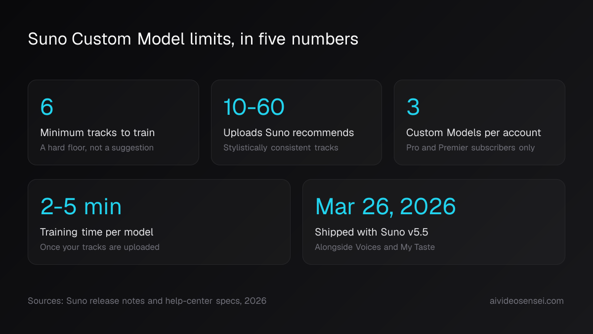 Five stat cards reading 6 minimum tracks, 10-60 recommended uploads, 3 models per account, 2-5 minute training and a March 26 2026 ship date.
