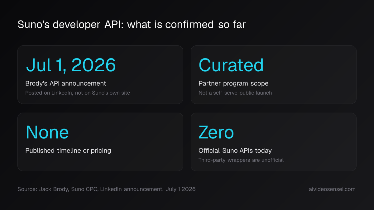 Four number cards reading Jul 1 2026 for Brody's announcement, Curated partner scope, None for timeline or pricing, and Zero official APIs