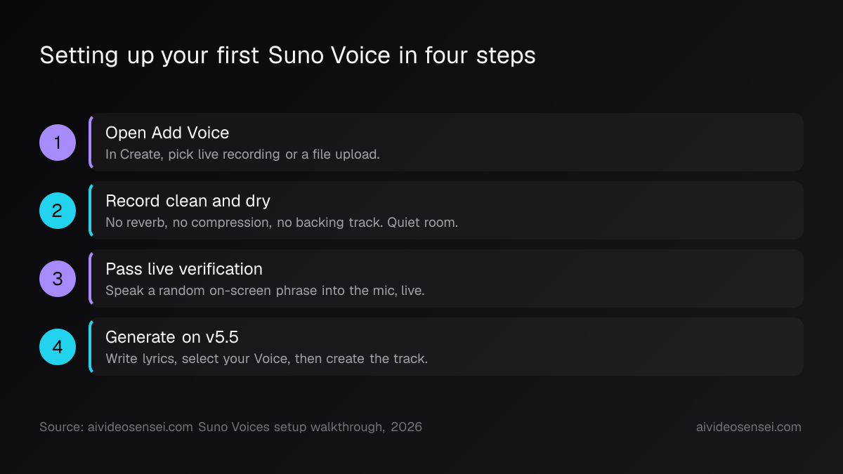Four numbered steps: open Add Voice, record clean and dry, pass live verification by speaking an on-screen phrase, then generate on v5.5.