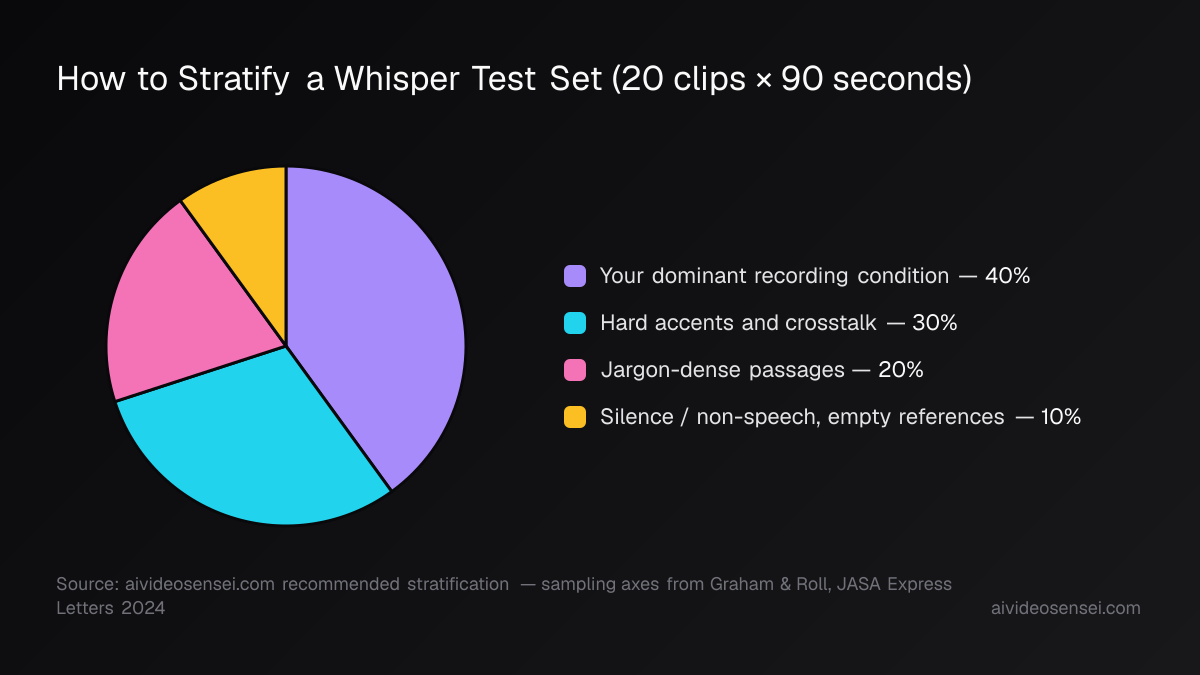 Pie chart splitting a 20-clip test set into 40 percent dominant recording condition, 30 percent hard accents and crosstalk, 20 percent jargon-dense passages, and 10 percent silence with empty references.